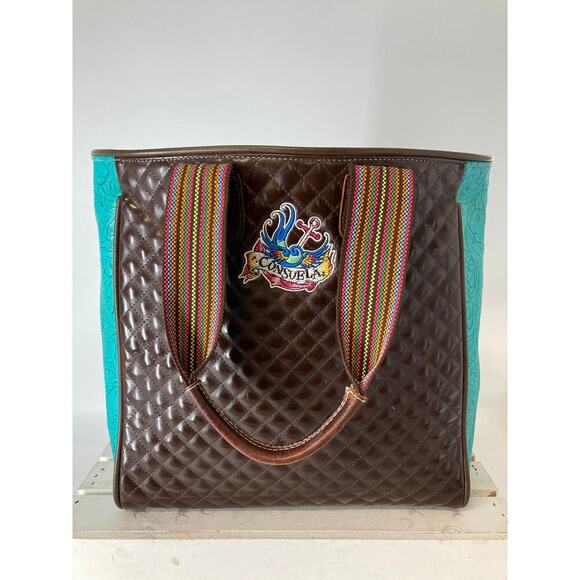 CONSUELA LARGE BROWN, TEAL QUILTED TOTE BAG WITH EMBOIDERY. - Picture 1 of 16